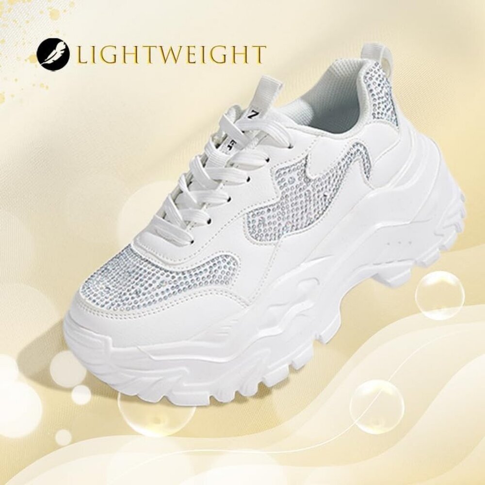 Women White Rhinestone Casual Tennis Lace Up Chunky Sneakers Shoes - Picture 4 of 7